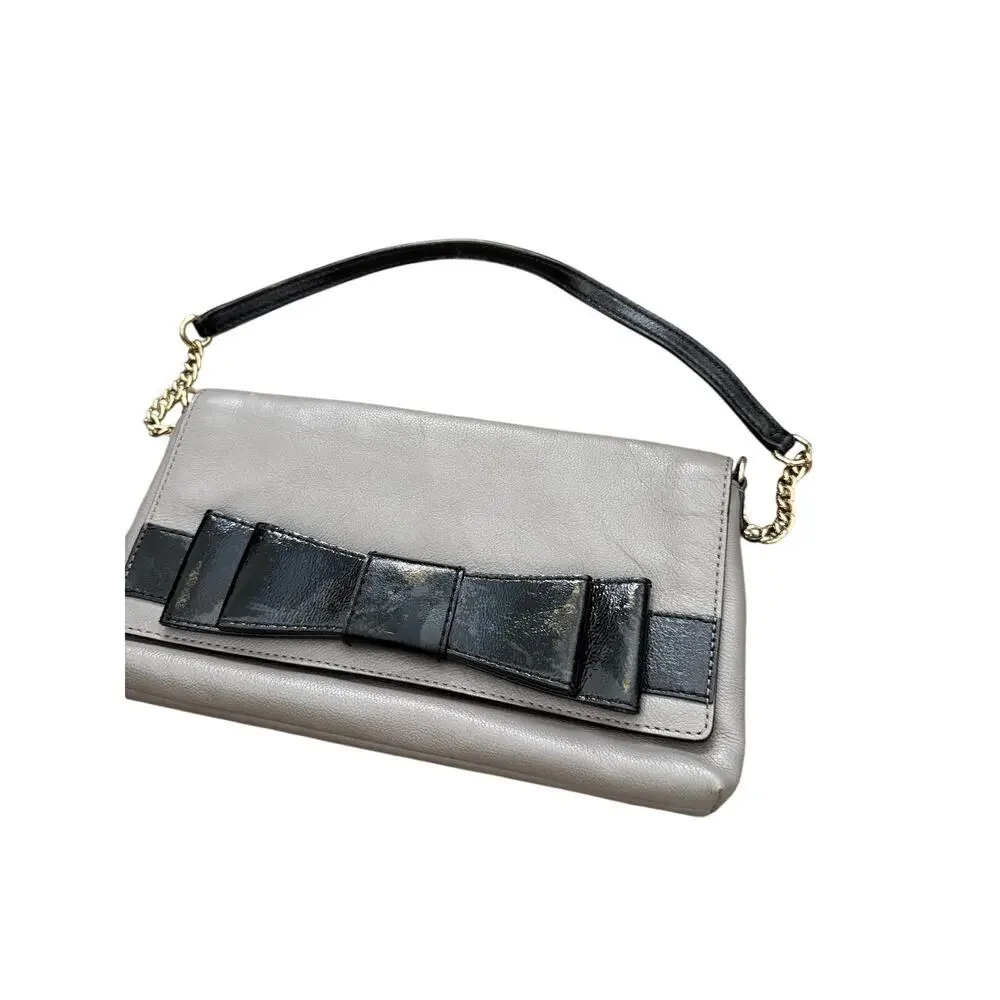 Kate Spade New York Kirk Park Clutch Bag Gray Leather Black Bow Magnetic Flap